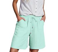 Short en lin et coton pour femme, décontracté, estival, avec poches, pantalon à taille élastique avec cordon de serrage, bermuda, mi-long, léger, ample et confortable, bleu clair, 4XL