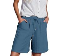 Short en lin et coton pour femme, décontracté, estival, avec poches, pantalon à taille élastique avec cordon de serrage, bermuda, mi-long, léger, ample et confortable, noir foncé, L