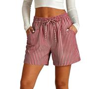 Short en Lin pour Femme Été Fluide Short Décontracté Bermuda Elastique Taille Haute Léger Chic Shorts De Plage Mode Rayé Casual Running Sport Jogging Pantalon Court avec Poches