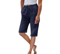 Short en lin pour femme, longueur genou, enroulable, décontracté, yoga, plage, coupe décontractée, extensible avec cordon de serrage, bermuda long pour la marche, bleu marine, L