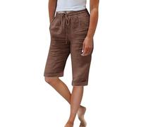 Short en lin pour femme, longueur genou, enroulable, décontracté, yoga, plage, coupe décontractée, extensible avec cordon de serrage, bermuda long pour la marche, café, L