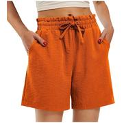 Short en lin pour femme, short de plage en lin pour femme, pantalon décontracté, ample et confortable, longueur genou, jambe large, taille élastique, cordon de serrage, pantalon court de couleur unie