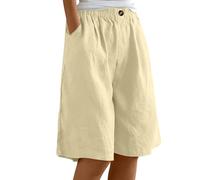 Short en lin pour femme - Taille haute - Pantalon court pour femme - Jambes larges - Bermuda pour femme - Longueur genou - Pantalon cargo baggy avec élastique - Pantalon d'été avec boutons - Pantalon