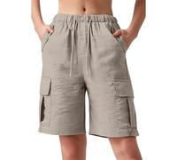 Short Femme Été Cordon De Serrage Short Confortable Jambes Larges Taille Elastique Shorts Fluide Bermuda Coton Et Lin Leger avec Poche Couleur Unie Pantalon Court Sport Jogging Yoga