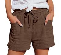 Short Femme Lin Jambe Large Élégant Bermuda avec Poches Larges Casual Coton Pantalon en Lin Léger Confortable Short de Plage Doux Vacances Grande Taille Pantalon Court, marron, L