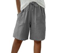 Short Femme Short Coton Lin Sport Femme Chic Large Fluide Shorts et Bermudas Grande Taille Élastique Casual Shorts avec Poches Femmes Soldes D'Été Vetement Mode Tendance 2025 Pantalon Court Pas Cher