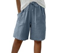 Short Femme Short Coton Lin Sport Femme Chic Large Fluide Shorts et Bermudas Grande Taille Élastique Casual Shorts avec Poches Femmes Soldes D'Été Vetement Mode Tendance 2025 Pantalon Court Pas Cher