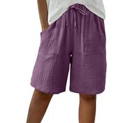Short Femme Short Coton Lin Sport Femme Chic Large Fluide Shorts et Bermudas Grande Taille Élastique Casual Shorts avec Poches Femmes Soldes D'Été Vetement Mode Tendance 2025 Pantalon Court Pas Cher