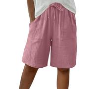 Short Femme Short Coton Lin Sport Femme Chic Large Fluide Shorts et Bermudas Grande Taille Élastique Casual Shorts avec Poches Femmes Soldes D'Été Vetement Mode Tendance 2025 Pantalon Court Pas Cher