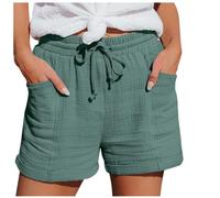 Short Femme Short Lin Coton Sport Femme Ete Large Fluide Yoga Shorts Grande Taille Élastique Ample Shorts avec Poches Casual Randonnée Jogging Pantalon Court (2-Green, L)
