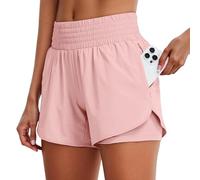 Short Femme Taille Haute, Fitness Sport Poches Zippées Tenue Trail Course a Pied Bermuda Jogging Séchage Rapide Short 2 en 1 Taille Haute Yoga Vêtements avec Doublure, Red 02, M