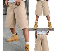 Short garçon large en denim rétro couleur abricot, style vintage Y2K cool et simple, design polyvalent mix and match, streetwear mode homecoming pour préadolescent, pour le quotidien, le printemps, l'