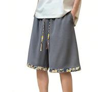 Short Homme Bermuda Long Ample Pantalon Court 1/2 Pantacourt Chinois | Soie Glacée Ethnique Ourlet Contrastée Motif Ours Broderie Grande Taille Elastique à Cordon Tissé Coloré | Ete Sport Casual Ville