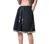 Short Homme Bermuda Long Ample Pantalon Court 1/2 Pantacourt Chinois | Soie Glacée Ethnique Ourlet Contrastée Motif Ours Broderie Grande Taille Elastique à Cordon Tissé Coloré | Ete Sport Casual Ville