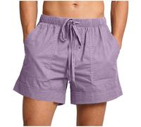 Short Homme Eté Coton Lin Bermudas avec Cordon de Serrage Taille Élastique Poches Casual Pantalon Court Respirant Léger Couleur Unie pour Plage Vacances Voyage Travail Sport