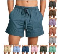 Short Homme Eté Coton Lin Bermudas avec Cordon de Serrage Taille Élastique Poches Casual Pantalon Court Respirant Léger Couleur Unie pour Plage Vacances Voyage Travail Sport