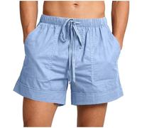 Short Homme Eté Coton Lin Bermudas avec Cordon de Serrage Taille Élastique Poches Casual Pantalon Court Respirant Léger Couleur Unie pour Plage Vacances Voyage Travail Sport
