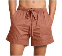 Short Homme Eté Coton Lin Bermudas avec Cordon de Serrage Taille Élastique Poches Casual Pantalon Court Respirant Léger Couleur Unie pour Plage Vacances Voyage Travail Sport