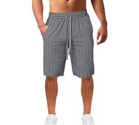 Short Homme Sport Coton Lin Respirante Bermudas Rayures Sport Shorts Homme Stretch Taille Élastique Cordon De Serrage avec Poches Pantalons Court Rayures De Survêtement Casual Ample Tendance