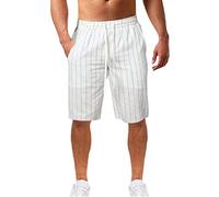 Short Homme Sport Coton Lin Respirante Bermudas Rayures Sport Shorts Homme Stretch Taille Élastique Cordon De Serrage avec Poches Pantalons Court Rayures De Survêtement Casual Ample Tendance
