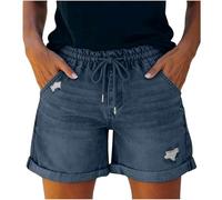 Short Jean Femme Décontracté Été Large Confortable Denim Élastique Taille Moyenne Y2K Trous Jeans Shorts Denim Femmes Haute Vintage Casual Baggy Pantalon Court Bermuda Poches