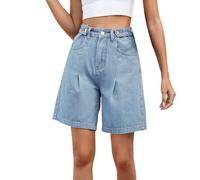 Short Jean Femme Jambe Large, Bermuda Jeans Femme Taille Haute Coupe Ample avec Poches Extensible RéGlable Tendance Pantalon Court Doux Confortable Quotidien Plage Loisir Jogging Travail