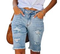 Short Jean Femme Taille Haute Tassel Short Femme Jean Stretch Extensible Ultra Confortable Bermuda ete Long Longueur Genou avec Ourlet effiloché Denim Pantalon D'été Court avec (Light Blue, L)