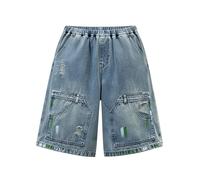Short Jean Patchwork déchiré Adolescent, Longueur Genou Coupe Large avec Motifs rétro et Poches, modèle Ample au Style Vintage pour Vos Sorties décontractées Estivales(Blue, 11-12 Years)