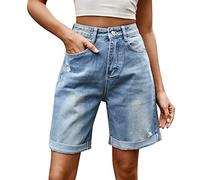 Short Jeans Femme Taille Haute Été Sexy Shorts et Bermudas Effet Usé Classique Short en Denim Extensible Vintage Trou Courtes Jeans Shorts Mini Court Short À Bords Roulés Sports