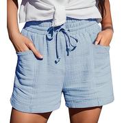 Short Lin Femme Taille Élastique, Bermuda Sport Femme avec Cordon De Serrage Poches Couleur Unie Casual Pantacourt Regular Fit Respirant Confortable Quotidien Plage Loisir Jogging Travail