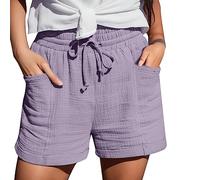 Short Lin Femme Taille Élastique, Bermuda Sport Femme avec Cordon De Serrage Poches Couleur Unie Casual Pantacourt Regular Fit Respirant Confortable Quotidien Plage Loisir Jogging Travail