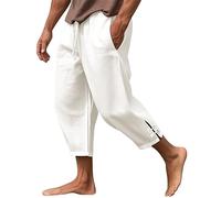 Short long 3/4 sous le genou pour homme - Coupe ample - Pantalon chino blanc à ourlet ouvert - Short décontracté - Pantalon de jogging léger - Pantalon de yoga ample - Taille élastique - Cordon de