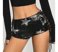 Short mini avec ornements de sequins, taille ultra-basse, en toile de jute métallique de poulet et en PU avec croisillons L,M,S,XSUnicolore,Tout ImpriméSequins