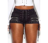 Short mini en denim délavage foncé avec lacets devant, œillets métalliques, détails cloutés, poches zippées et cordon de serrage latéral, style festival d'été L,M,S,XSUnicoloreJean