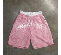 Short Pantalon de survêtement décontractés coupe boxy, style mode, effet usé, motif rose rose avec inscription anglaise, imprimé rose, double taille L,M,S,XL,XS,XXLLettres,Plantes,Tout ImpriméTissu tr