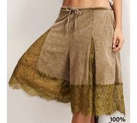 Short pour femme style bohème vintage décontracté en maille avec patchwork de dentelle, effet délavé vintage | Pour l'été, le port quotidien, les concerts de musique country, les fêtes, les vacances, 