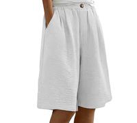 Short pour femme - Taille élastique - Bermuda texturé - Élégant - Jambe droite - Pantalon décontracté - Léger - Longueur genou - Confortable - Vêtement polyvalent pour un usage quotidien, blanc, L