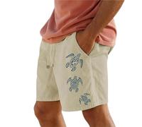 Short pour homme en mélange de coton - Taille élastique - Cordon de serrage - Décontracté - Été - Short de plage court - Motif tortue - Décontracté - Pour les vacances et la plage - Taille L, kaki, XL