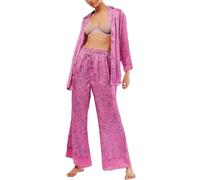 Short Pyjama Femme Gris Pyjama Soie Femme Short Silk Satin Pajamas Set for Women 2 Piece Wide Leg Pants Set Long Sleeve Down PJ Shirts Combinaison Fille Krokmou Adulte Pink XL