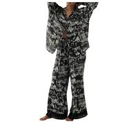 Short Pyjama Femme Gris Pyjama Soie Femme Short Silk Satin Pajamas Set for Women 2 Piece Wide Leg Pants Set Long Sleeve Down PJ Shirts Combinaison Fille Krokmou Adulte Black XL
