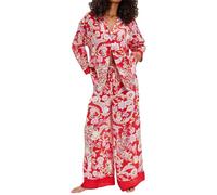 Short Pyjama Femme Gris Pyjama Soie Femme Short Silk Satin Pajamas Set for Women 2 Piece Wide Leg Pants Set Long Sleeve Down PJ Shirts Combinaison Fille Krokmou Adulte Red S