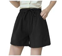 Short Running Femme - Bermuda Femme Ete Shorts d'été Un Mot à l'extérieur Cinq Jambes Larges Grande Taille Taille Haute Sport Ample Trois de Coton et de Lin Pantalons décontractés (Black S)