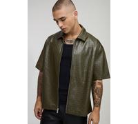 Short Sleeve PU Woven Boxy Zip Up Overshirt homme - kaki - XL, kaki