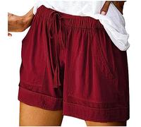 Short Sport Femme Lin Coton éTé Chic Large Fluide Pas Cher Travail Grande Taille éLastique Avec Poches Confortable Ample Mode 2023 Casual Jogging Pantalon (A-Wine, XXL)