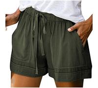 Short Sport Femme Lin Coton éTé Chic Large Fluide Pas Cher Travail Grande Taille éLastique Avec Poches Confortable Ample Mode 2023 Casual Jogging Pantalon (A-Green, L)