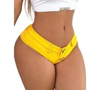 Short string en jean pour femme - Sexy élastique micro mini Daisy Dukes short taille basse hotpants, jaune, Taille M
