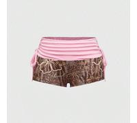 Short taille basse rose à cordon de serrage avec imprimé léopard et hibiscus, style Y2K, vacances à la plage, look "Coconut Girl" L,M,S,XSPlantesÉtoffe