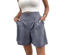 Short Taille Haute en mélange de Lin for Femmes, Jambes Larges, décontracté, plissé, habillé, avec Poches, Vintage, été, 5 Pouces