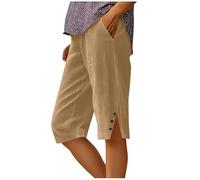 Short Velours Femme Taille Elastique Ourlet Fendu avec Boutons Short de Sport Femme Décontracté Longueur Genou Coupe Droit Ample Couleur Unie Bermuda avec Poches