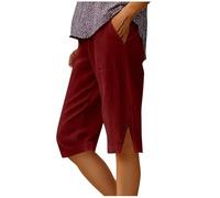 Short Velours Femme Taille Elastique Ourlet Fendu avec Boutons Short de Sport Femme Décontracté Longueur Genou Coupe Droit Ample Couleur Unie Bermuda avec Poches